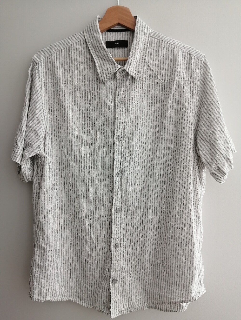 Z Zegna Linen Stripe Short Sleeve Button Up White and Gray Large